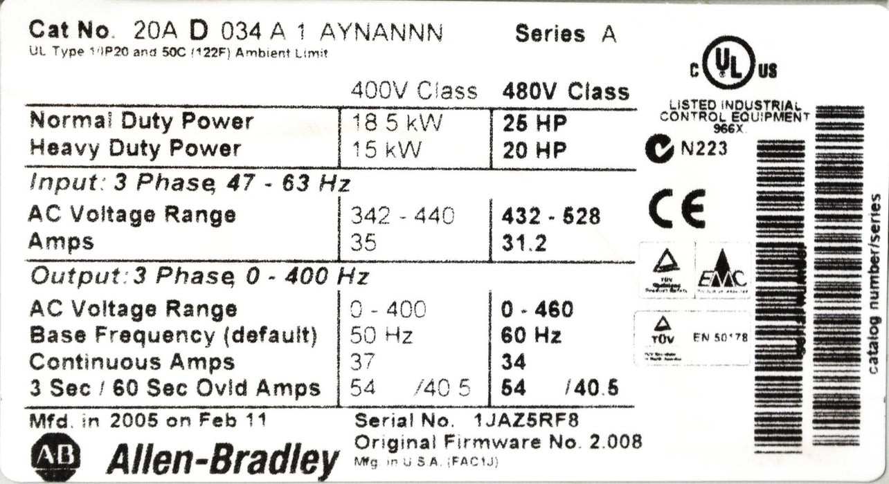 Allen-Bradley 20AD034A1AYNANNN 25HP 480V Powerflex 70 FRN: 2.008 Tested Good