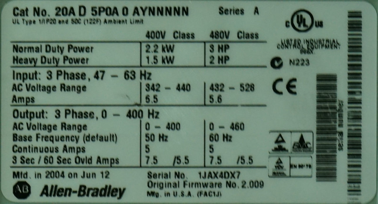 Low Hr Allen-Bradley PowerFlex 70 3 HP 20AD5P0A0AYNNNNN 480 VAC Tested FRN:2.009