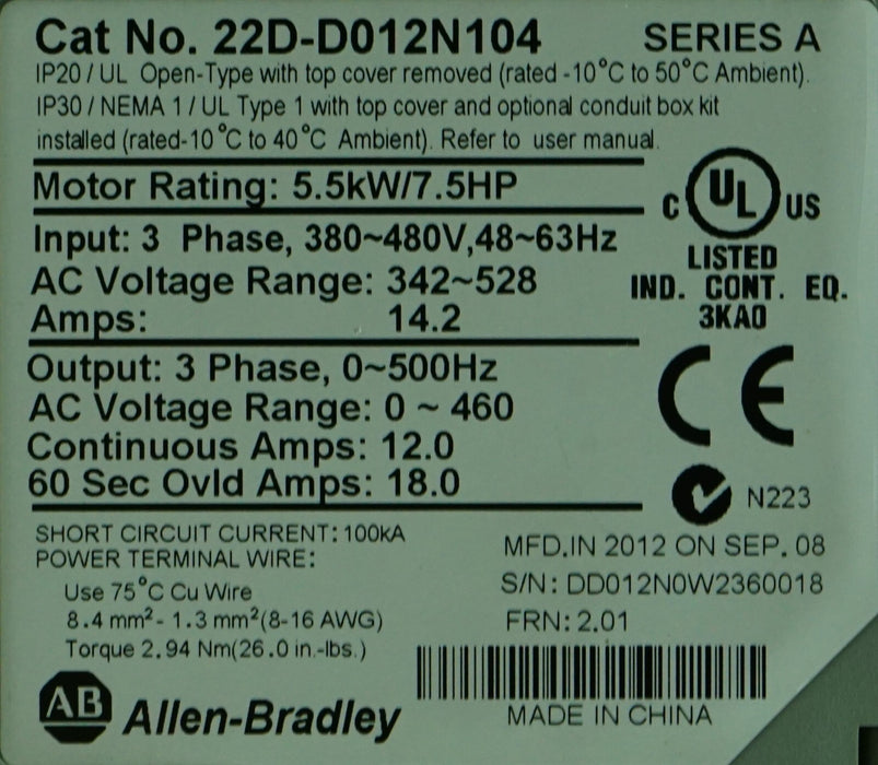 Low Hrs Allen Bradley 22D-D012N104 Power Flex 40P 7.5HP VFD Tested FRN:2.01