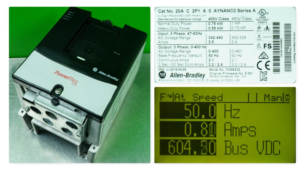 Allen-Bradley 20AD2P1A0AYNANC0 1 HP 480V Powerflex 70 FRN: 5.001 Tested Good