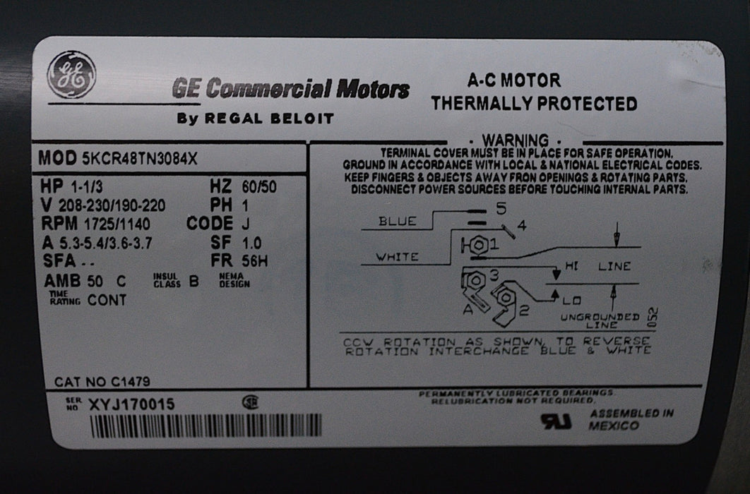 GE Motors 5KCR48TN3084X General Purpose Motor, 1-1/3 HP 1725/1140 RPM, 1 Ph, ODP