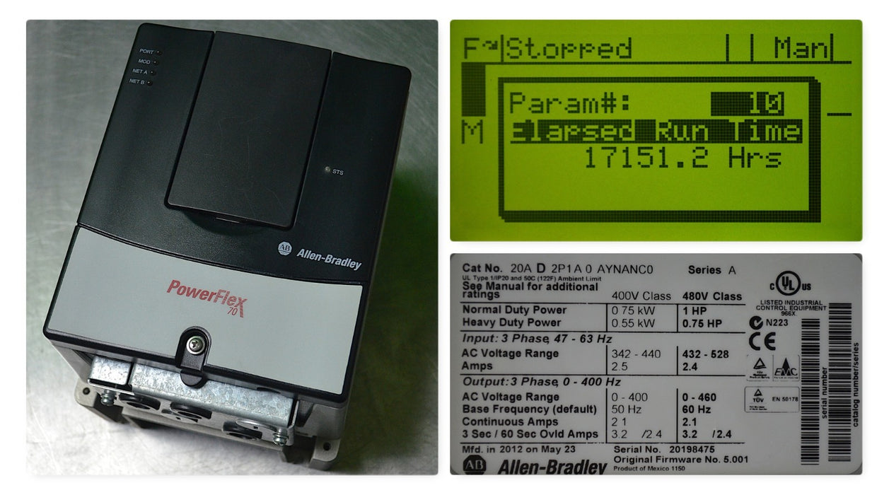 Allen-Bradley 20AD2P1A0AYNANC0 1 HP Series A 480V Powerflex 70 FRN: 5.001 Tested