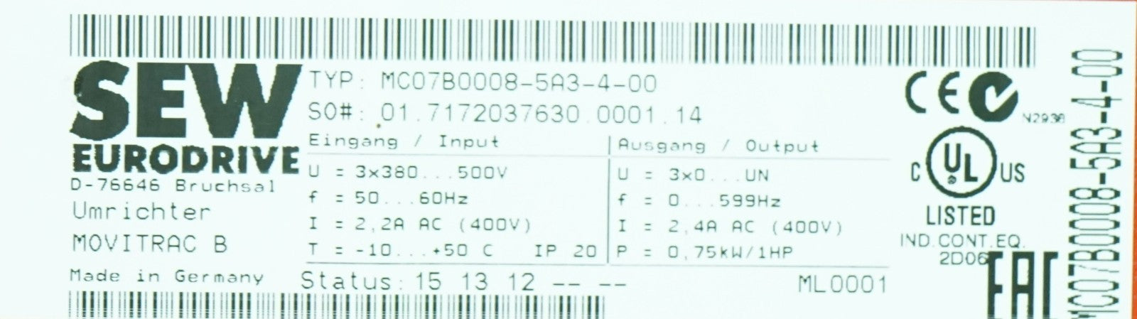 SEW EuroDrive MOVITRAC MC07B0008-5A3-4-00