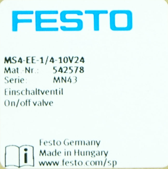 New Open Box, Festo MS4-EE-1/4-10v24 On/Off Valve, 3/2-Way