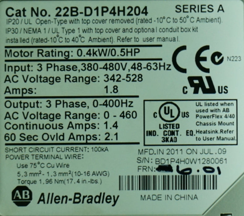 Allen-Bradley 22B-D1P4H204 PowerFlex 40 0.5HP 3Ph FRN 6.01 Tested Good