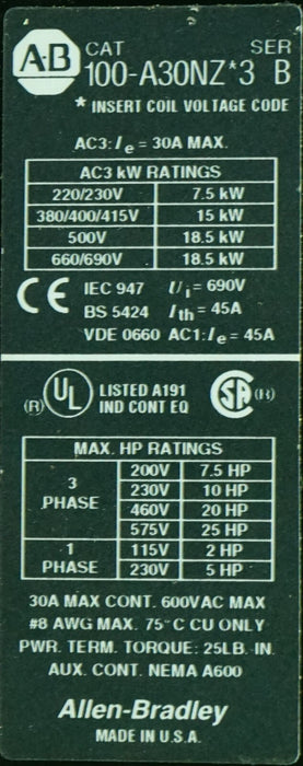 New ALLEN BRADLEY CONTACTOR 100-A30N Z243