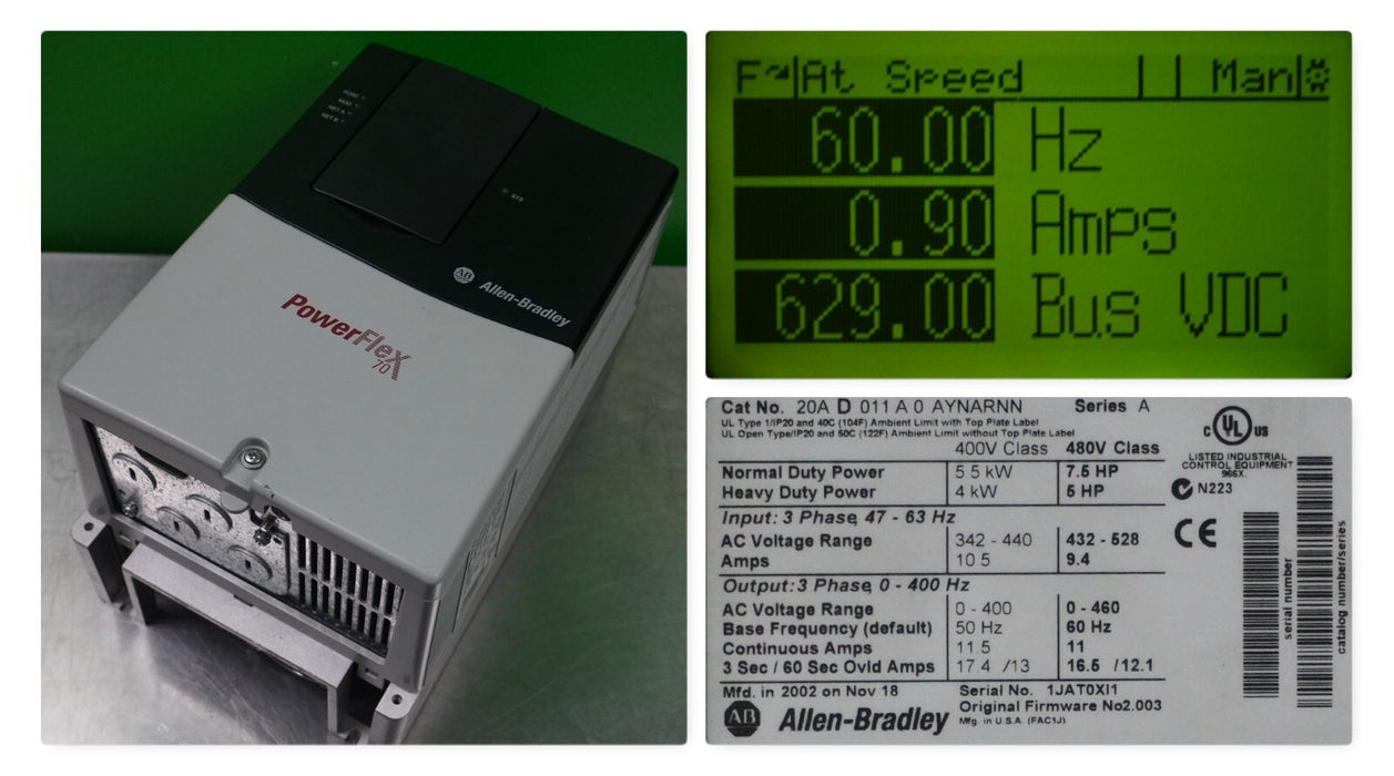 Zero HR Allen-Bradley PowerFlex 70 7.5 HP 20AD011A0AYNARNN 480 VAC FRN:2.003