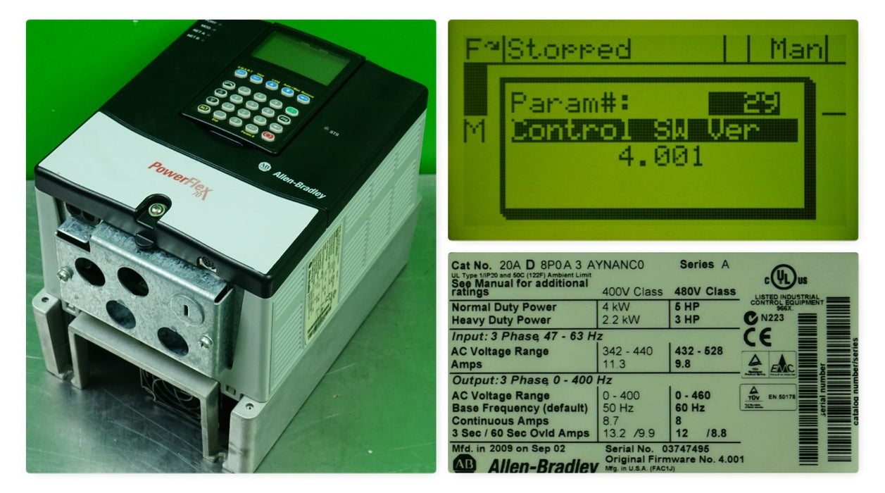 Allen-Bradley PowerFlex 70 5 HP 20AD8P0A3AYNNNC0 480 VAC FRN:4.001 Tested Good