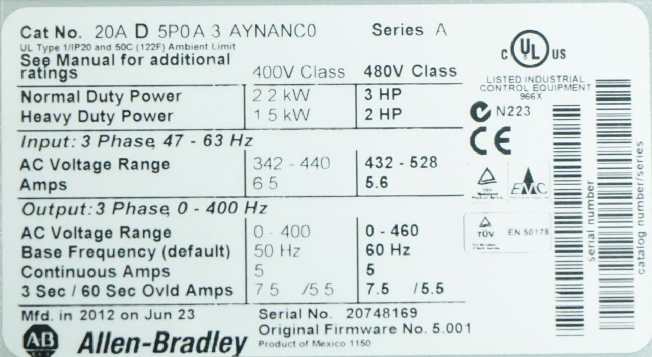 Low Hours Allen-Bradley  20AD5P0A3AYNANC0 70 3 HP 480VAC FRN:5.001 Tested Good