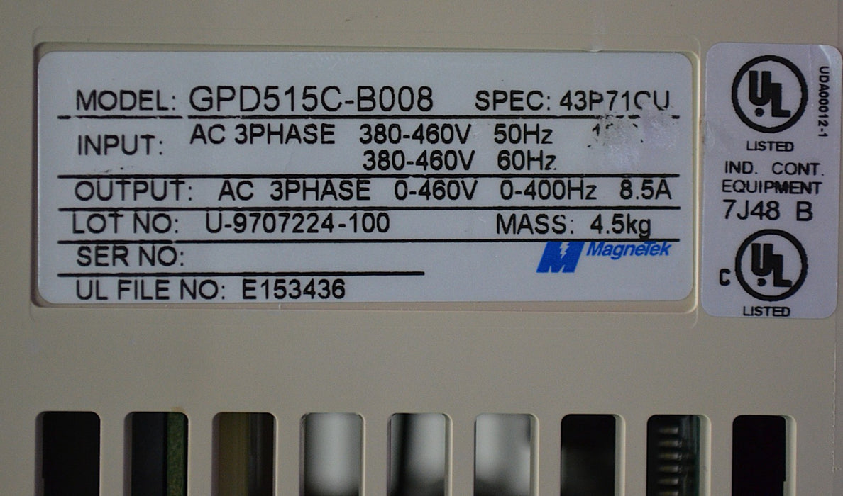 MagneTek GPD515C-B004 3-Phase Drive SPEC: 43P71CU 460VAC 50-60Hz 8.5Amp UL7J48 B