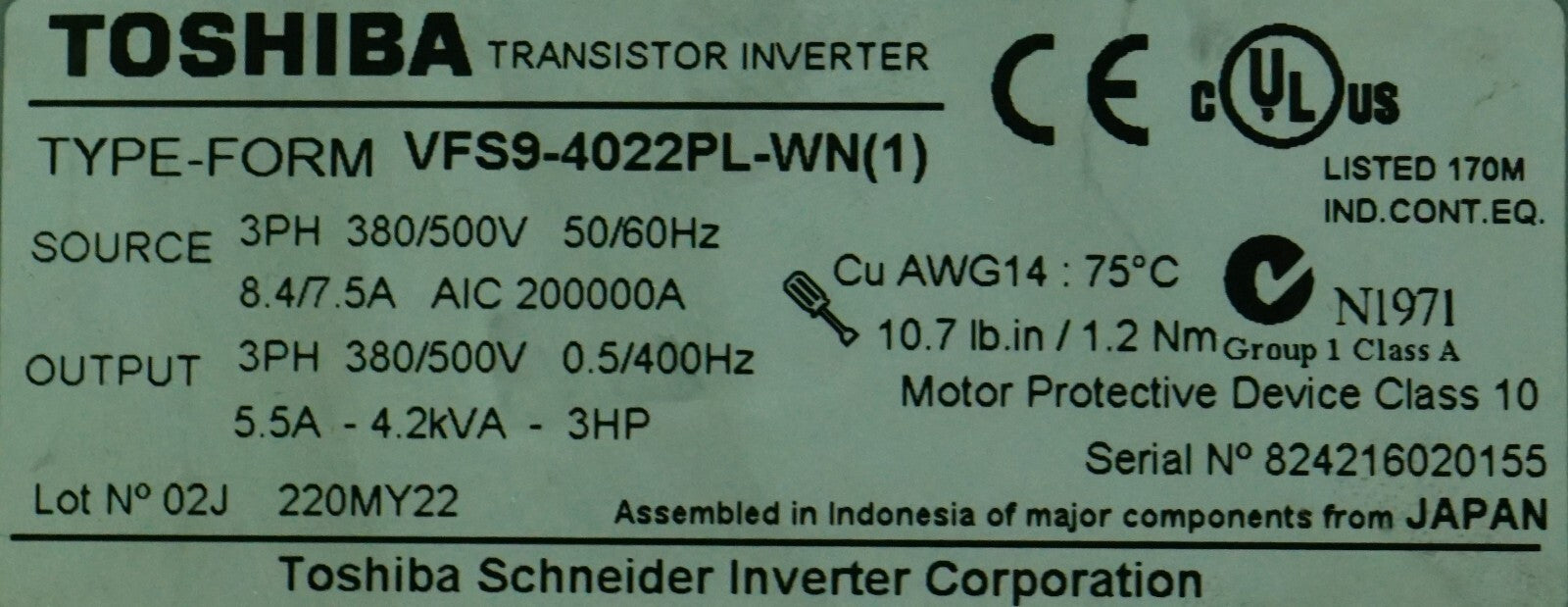 Toshiba VFS9-4022PL-WN1 Transistor Inverter 3PH VFD Drive 7.5A 60Hz Out: 4.2kVA