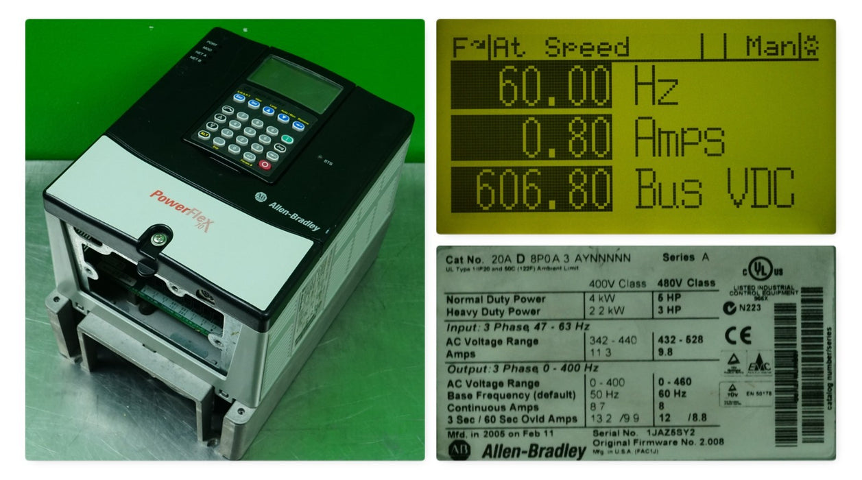 Allen-Bradley Powerflex 70 5 HP 20AD8P0A3AYNNNNN Series A FRN:2.008