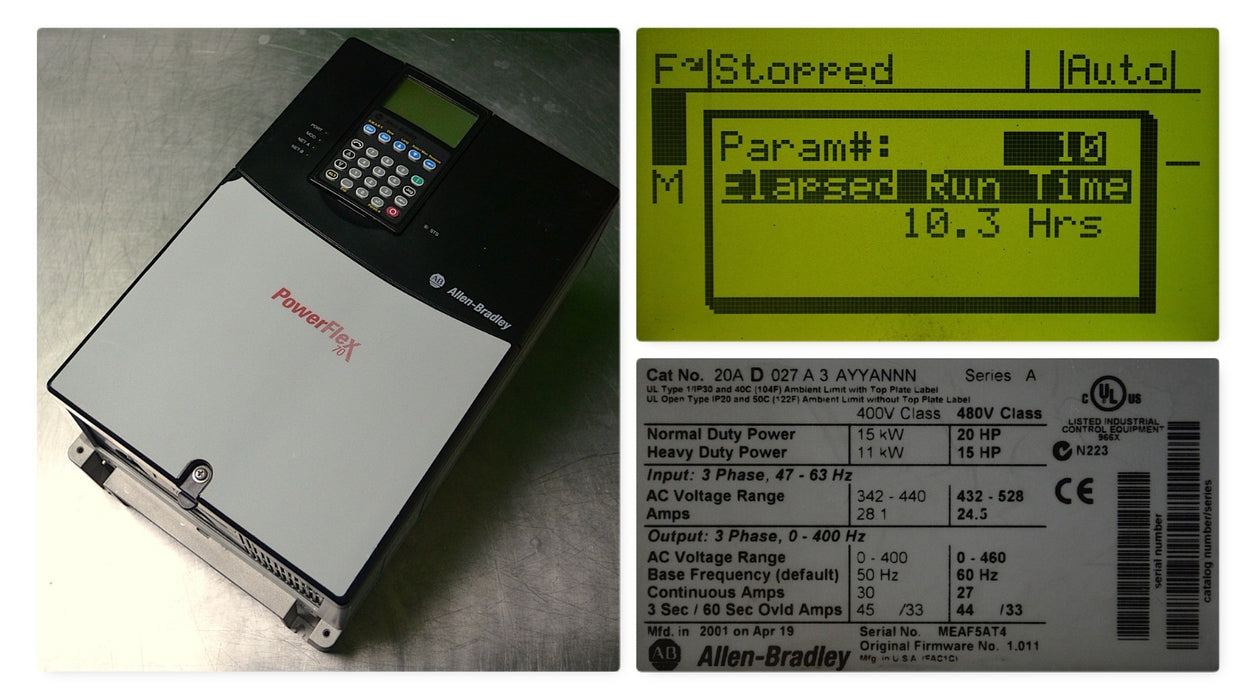 Low Hours Allen-Bradley 20AD027A3AYYANNN Powerflex 70 20HP Ser. A 480V FRN:2.003
