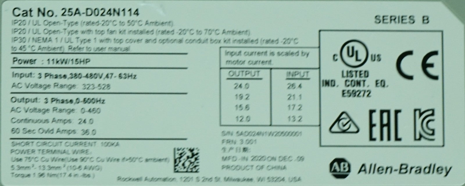 Allen-Bradley 25A-D024N114 PowerFlex 523 15HP Series B FRN:3.001
