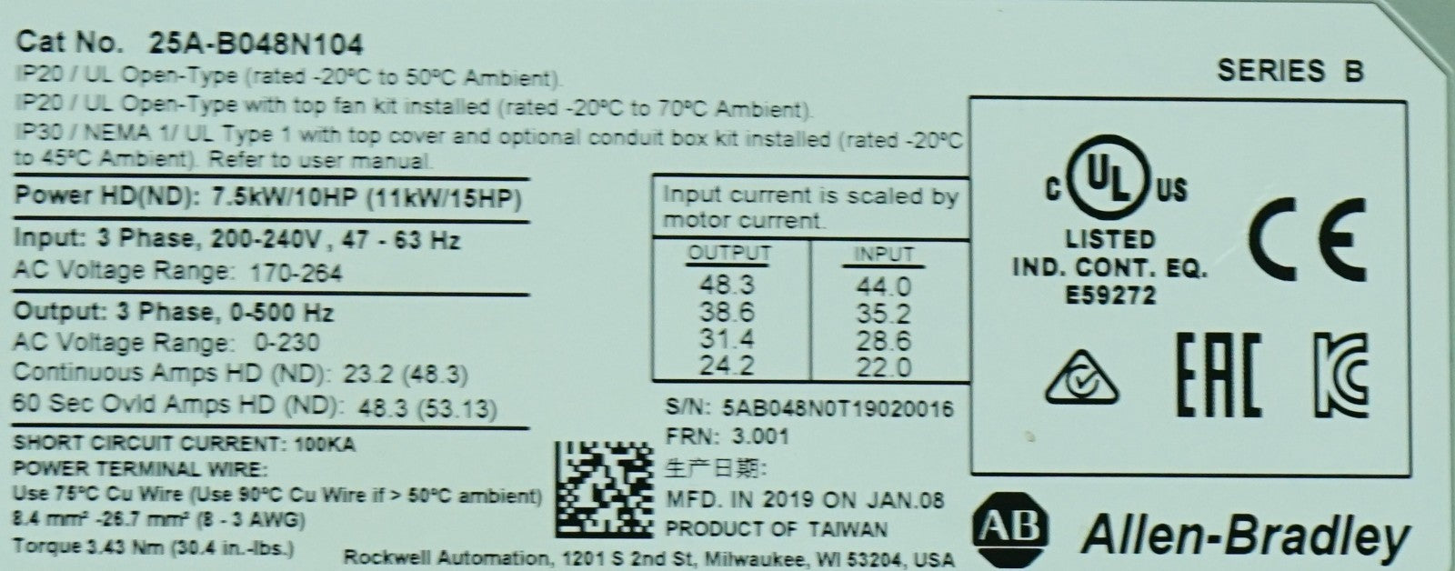 Allen Bradley 10hp PowerFlex 523 Drive 25A-B048N104 FW:3.001 Tested Good