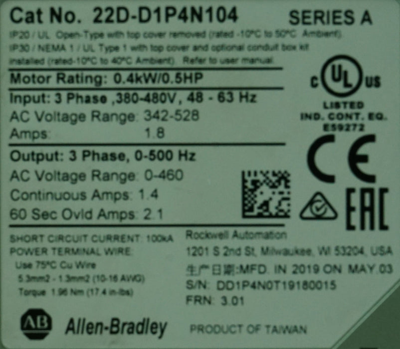 Low Hours Allen-Bradley Powerflex 40P 22D-D1P4N104 1/2HP Tested Good FRN:3.01