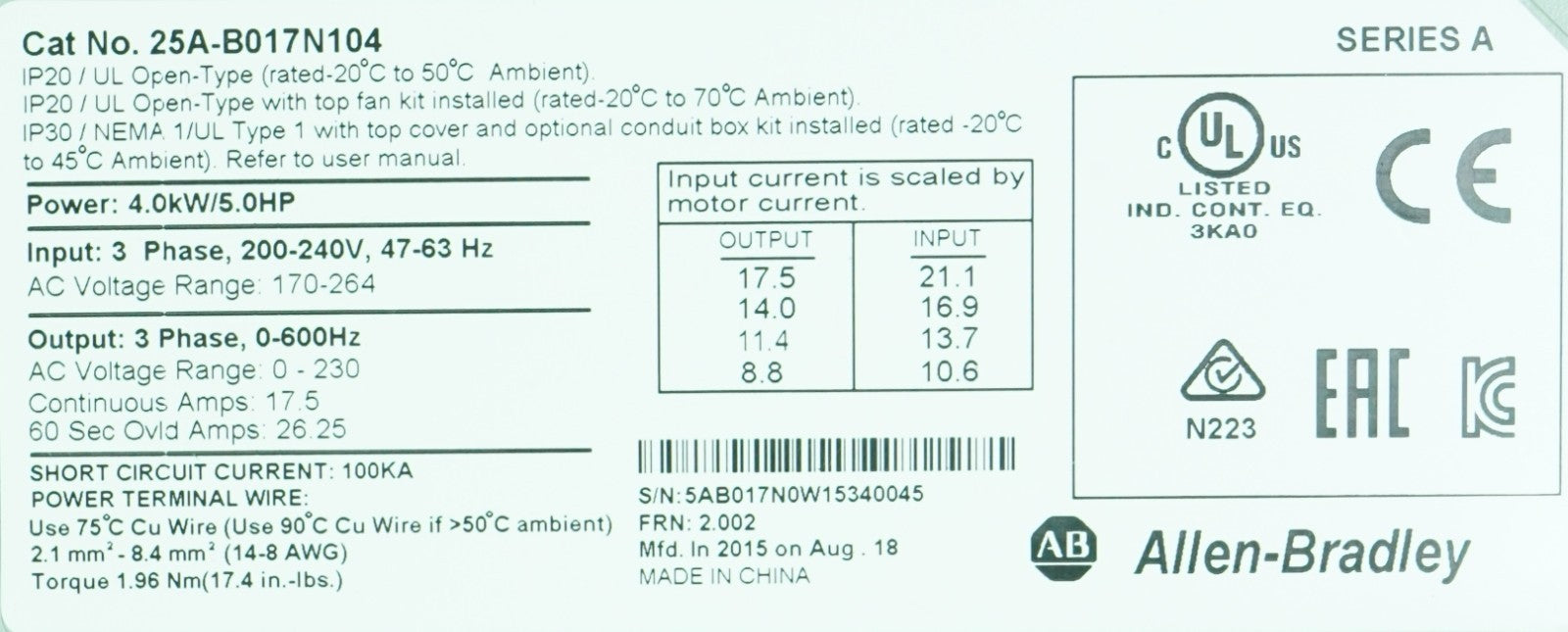 Allen Bradley 25A-B017N104 FRN:2.002 Tested Good