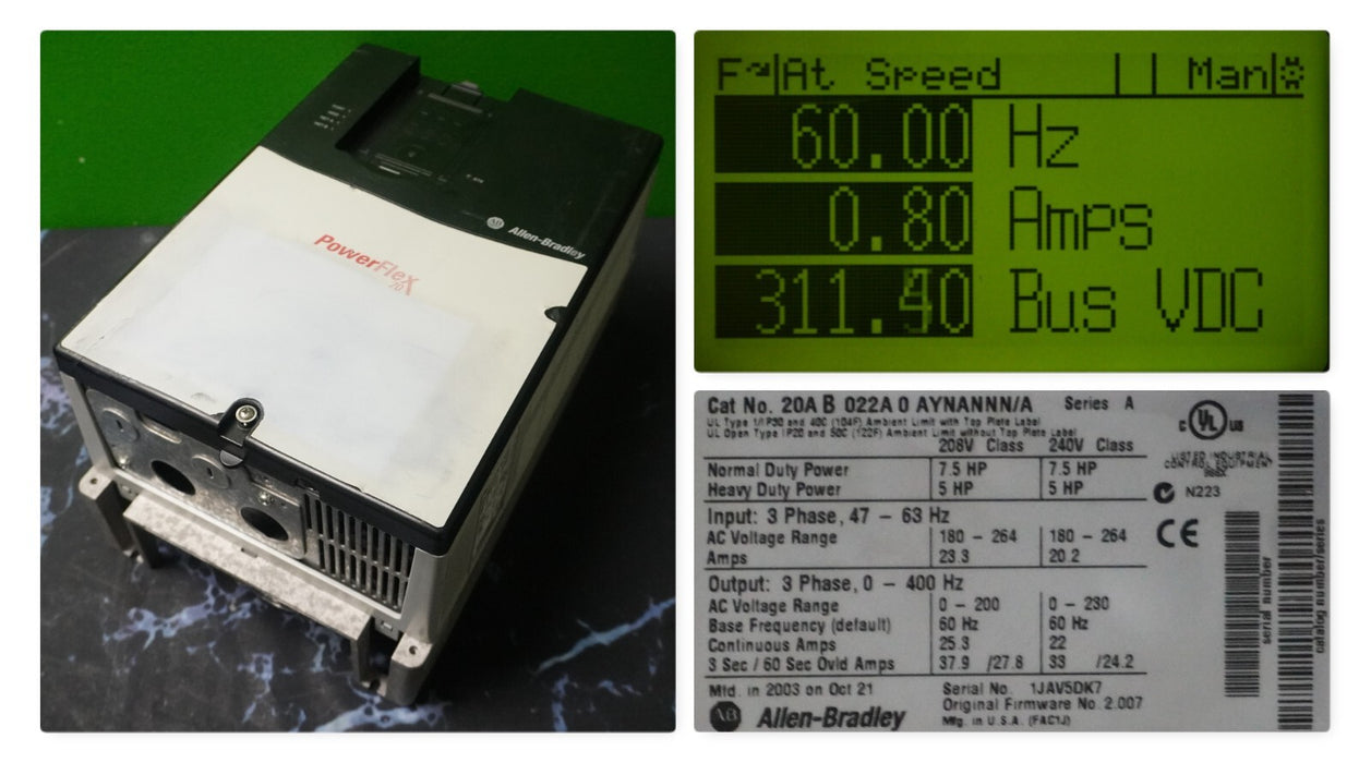 Allen Bradley PowerFlex 70 7.5 HP 20AB022A0AYNANNN Series A  240VAC FRN:2.007