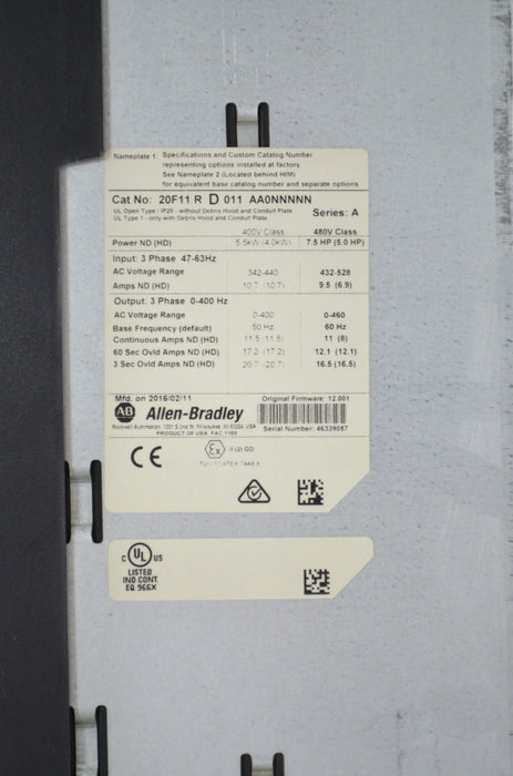 Low Hours Allen-Bradley 20F11RD011AA0NNNNN PowerFlex 753 7.5HP FRN:12.001 Tested