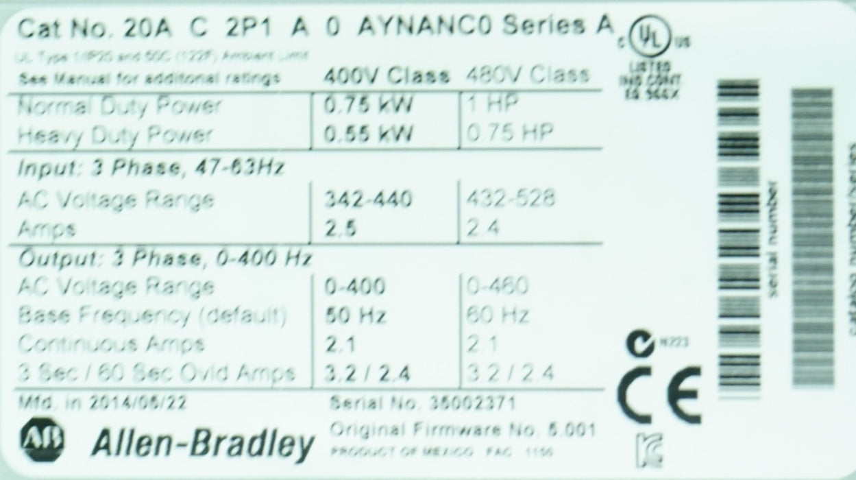 Allen-Bradley 20AC2P1A0AYNANC0 PowerFlex 70 1 HP Tested Good FRN: 5.001
