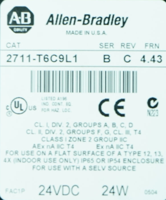 ALLEN BRADLEY 2711-T6C9L1 /B FRN-4.43 PANELVIEW 600 6" TOUCHSCREEN