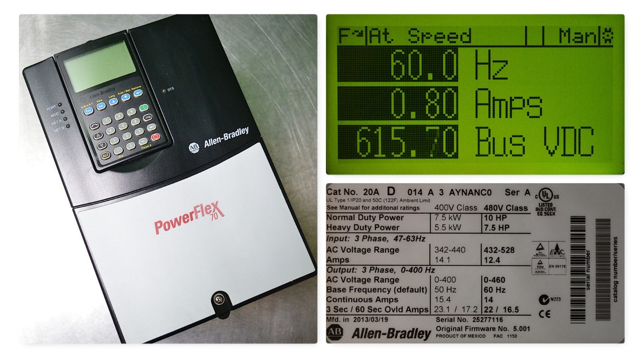 Allen-Bradley 20AD014A3AYNANC0 PowerFlex 70 10 HP Ser. A 480VAC FRN:5.001 Tested