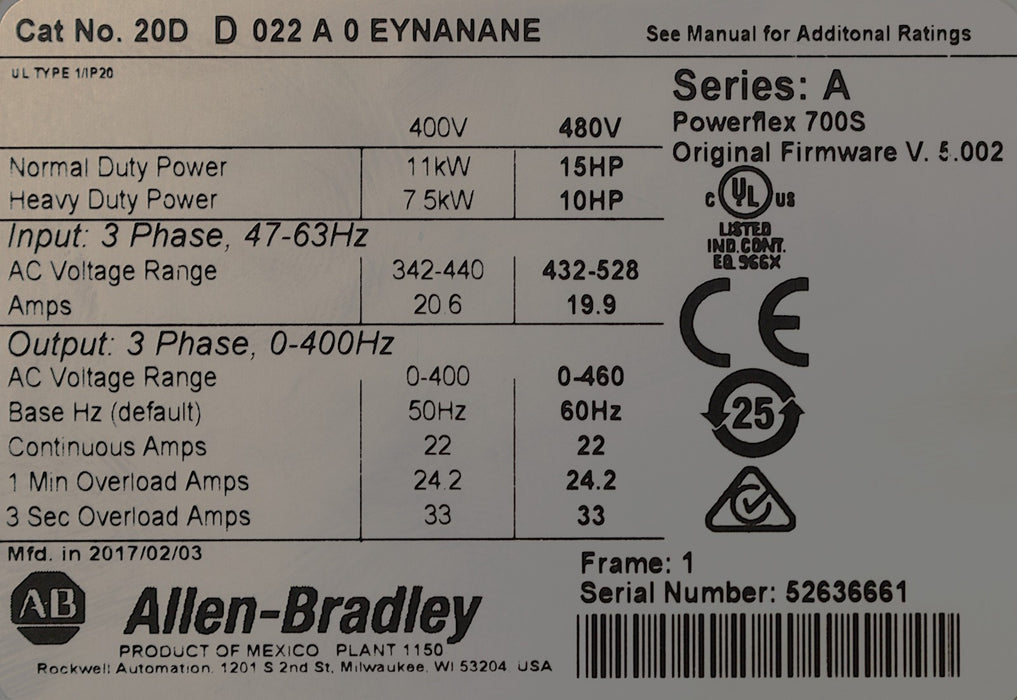 Allen-Bradley 20DD022A0EYNANANE PowerFlex 700S Ser. A 15HP FRN: 5.002