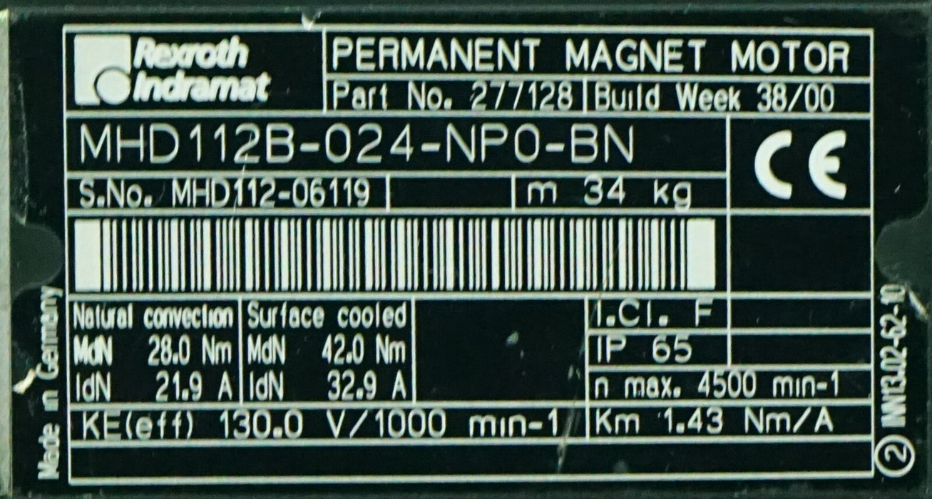 Rexroth Indramat Servomotor MHD112B-024-NP0-BN Permanent Magnet Motor