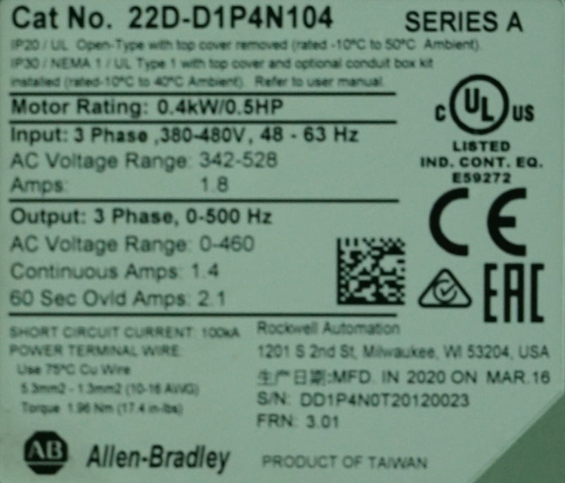 Low Hours Allen-Bradley Powerflex 40P 22D-D1P4N104 1/2HP Tested Good FRN:3.01*