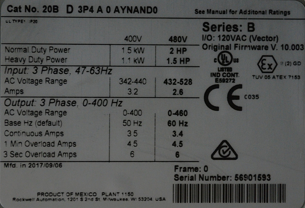 2017 Allen-Bradley PowerFlex 700 2 HP 20BD3P4A0AYNAND0 Ser. B 480VAC  FRN 10.003