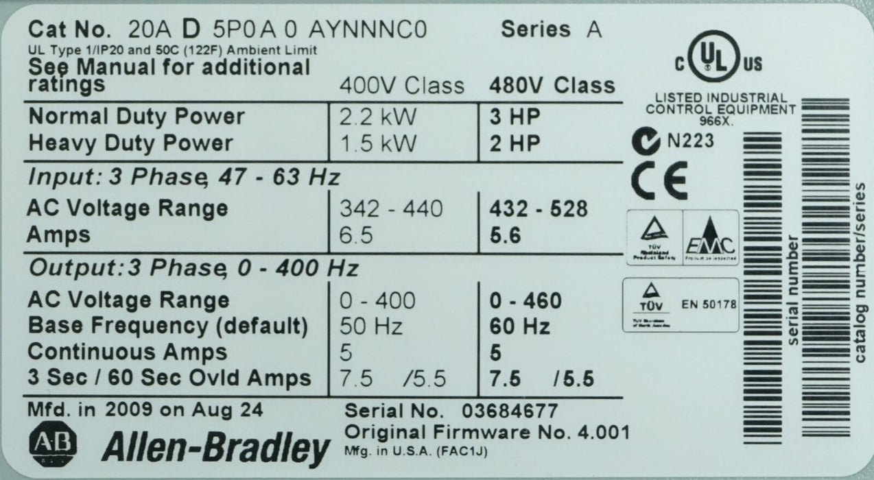 Low Hr Allen-Bradley PowerFlex 70 3HP 20AD5P0A0AYNNNC0 Series A Tested FRN:4.001