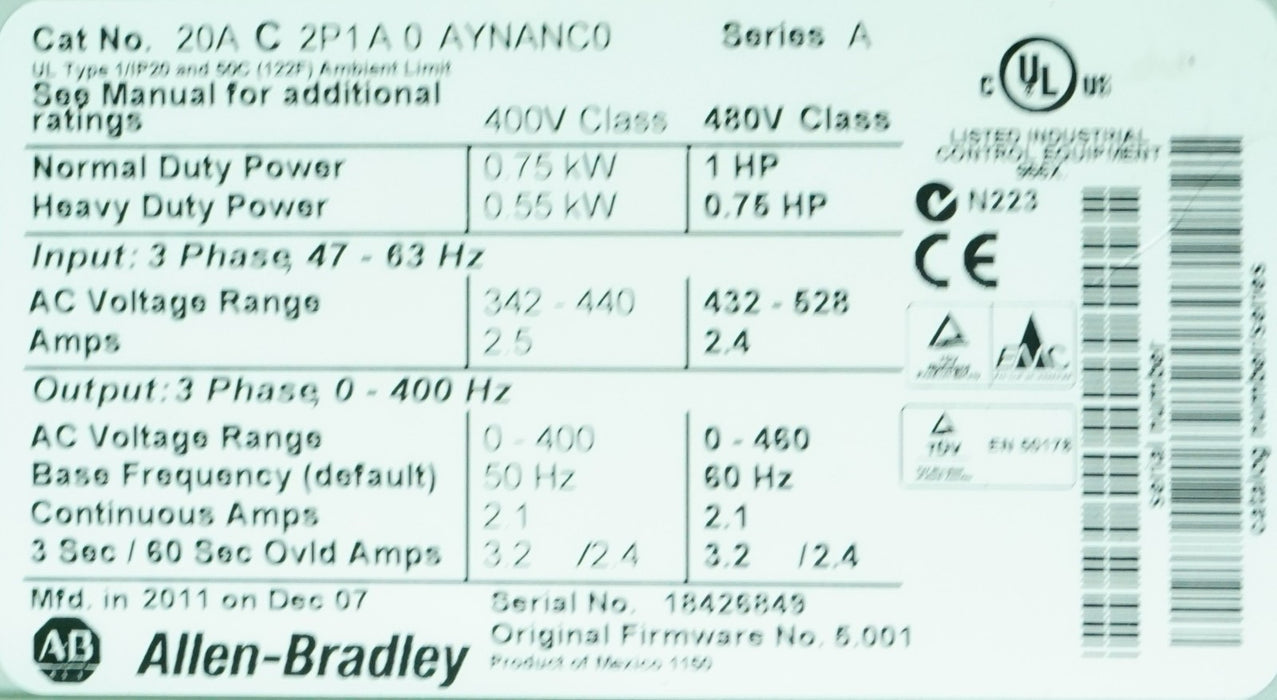 Allen Bradley   Powerflex  70 1 HP 20AC2P1A0AYNANC0 Tested  Good FRN: 5.001