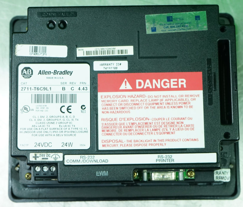ALLEN BRADLEY 2711-T6C9L1 /B FRN-4.43 PANELVIEW 600 6" TOUCHSCREEN
