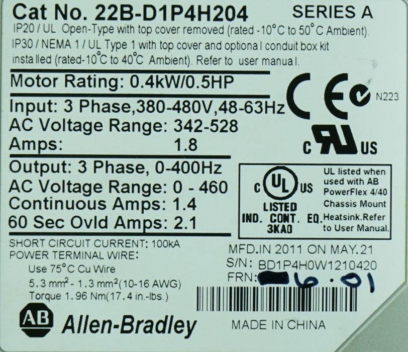 Allen-Bradley 22B-D1P4H204 PowerFlex 40 0.5HP Ser. A FRN: 6.02 Tested (No Cover)
