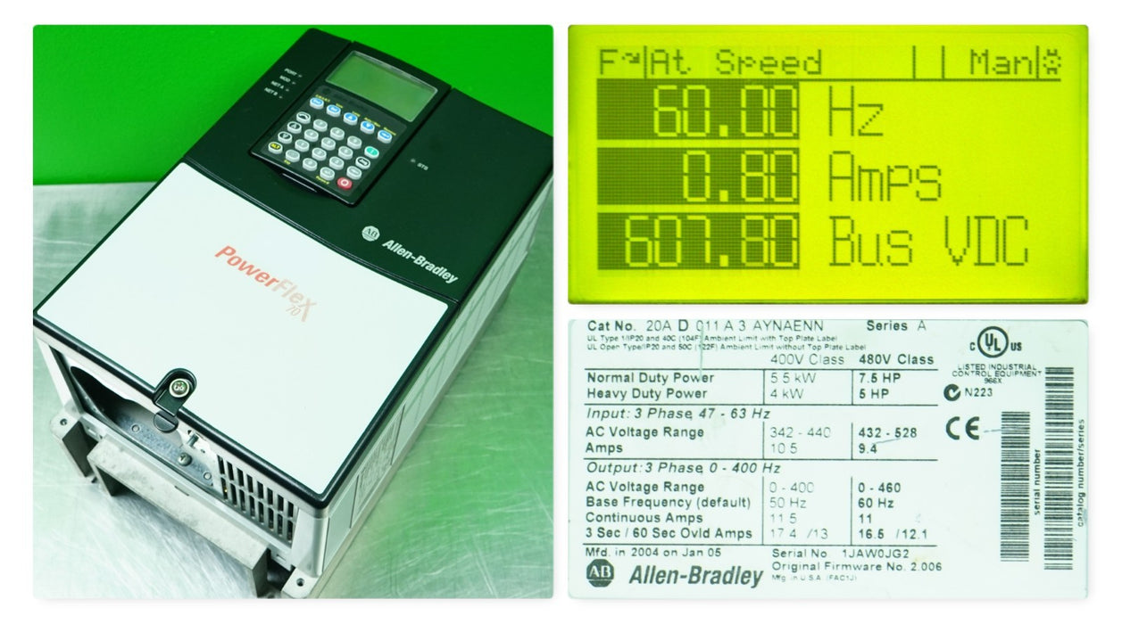 Allen-Bradley PowerFlex 70 7.5 HP 20AD011A3NYNAENN 480 VAC Tested Good FRN:2.006