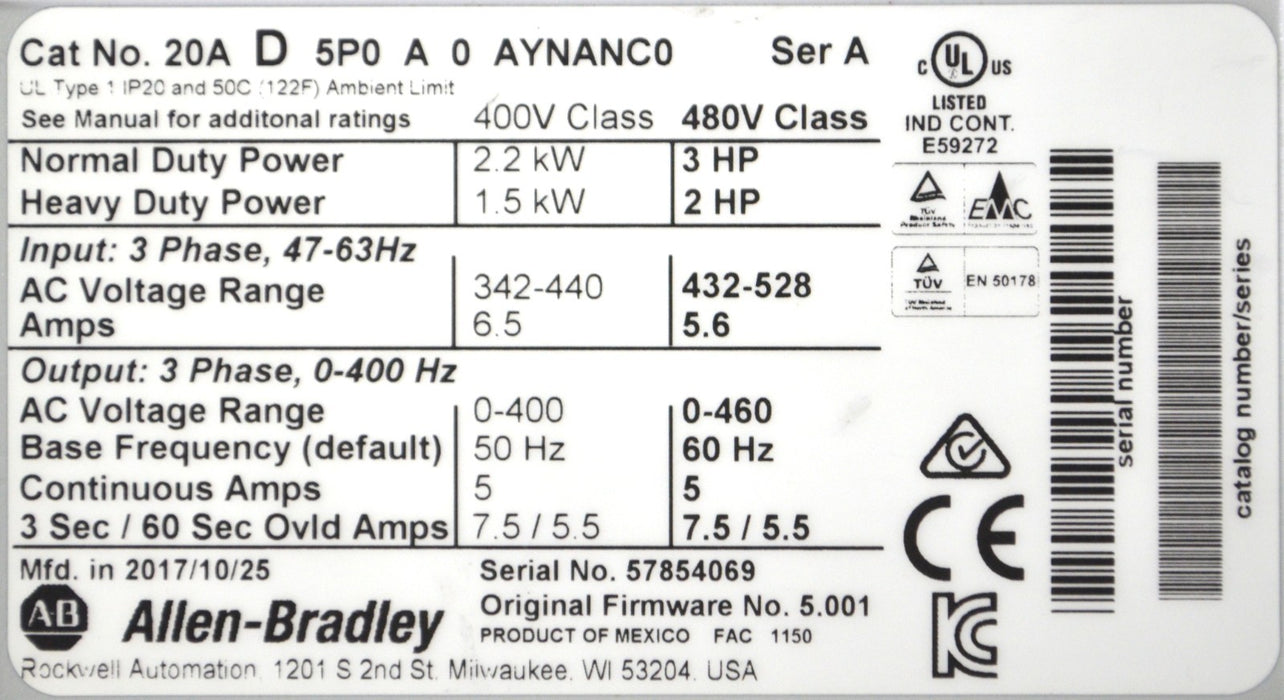 New Allen-Bradley 20AD5P0A0AYNANC0  PowerFlex 70 3HP Series A FRN:5.001