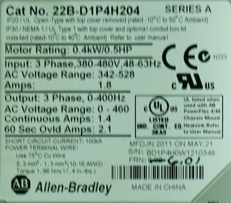 Allen-Bradley 22B-D1P4H204 PowerFlex 40 0.5HP Ser. A FRN: 6.01 Tested (No Cover)