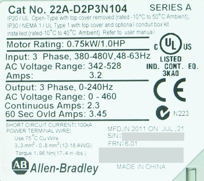 Allen-Bradley PowerFlex4 1HP 22A-D2P3N104 FRN:5.01 Tested Good